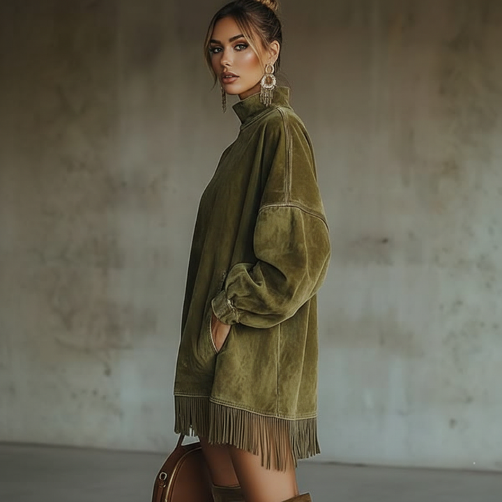 Muriel | Sukienka mini z długim rękawem i frędzlami