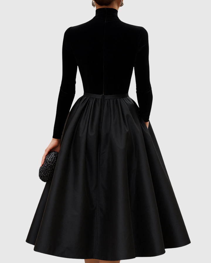 Aradia | Elegant Black Midi Dress with Velvet and Satin