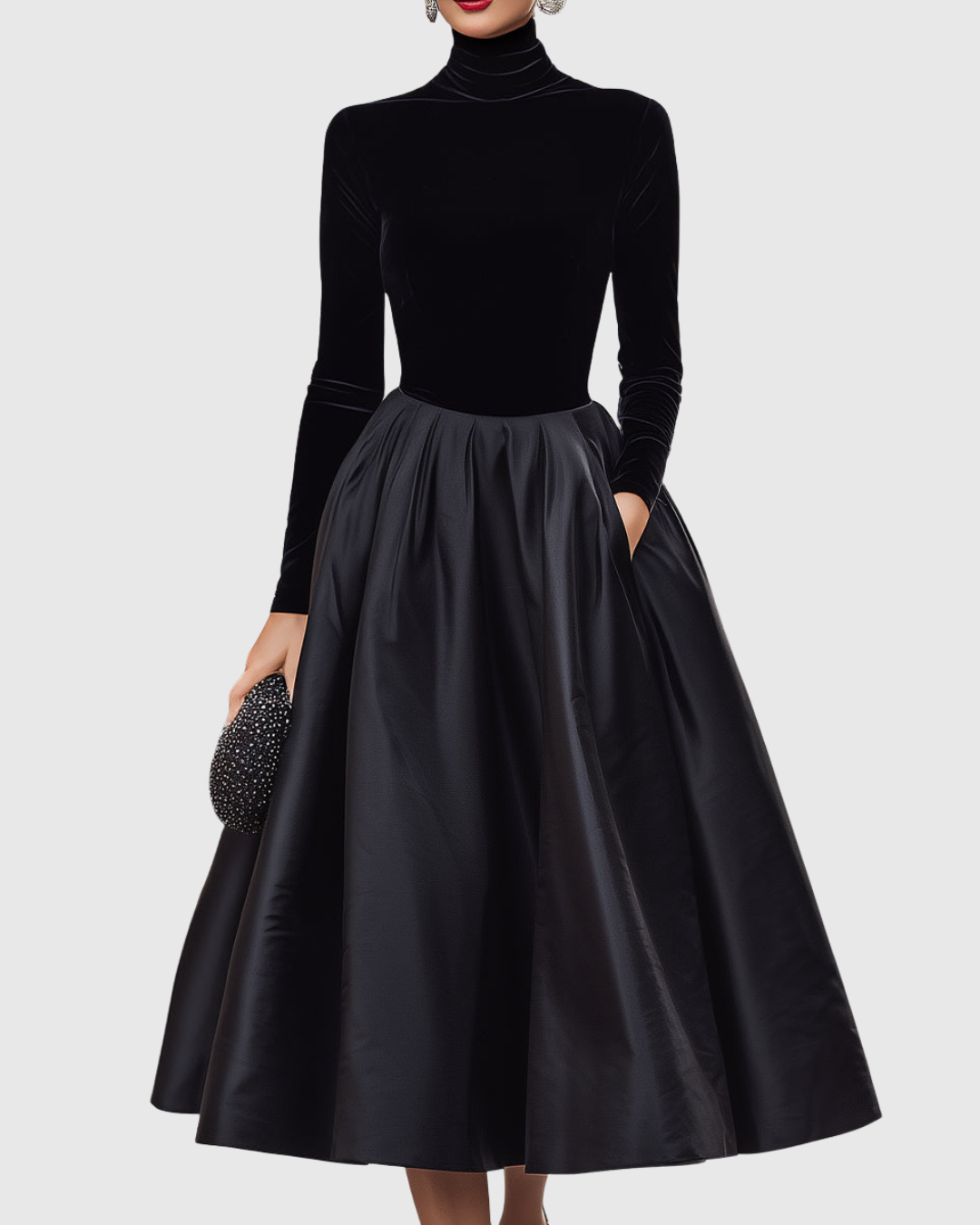 Aradia | Elegant Black Midi Dress with Velvet and Satin