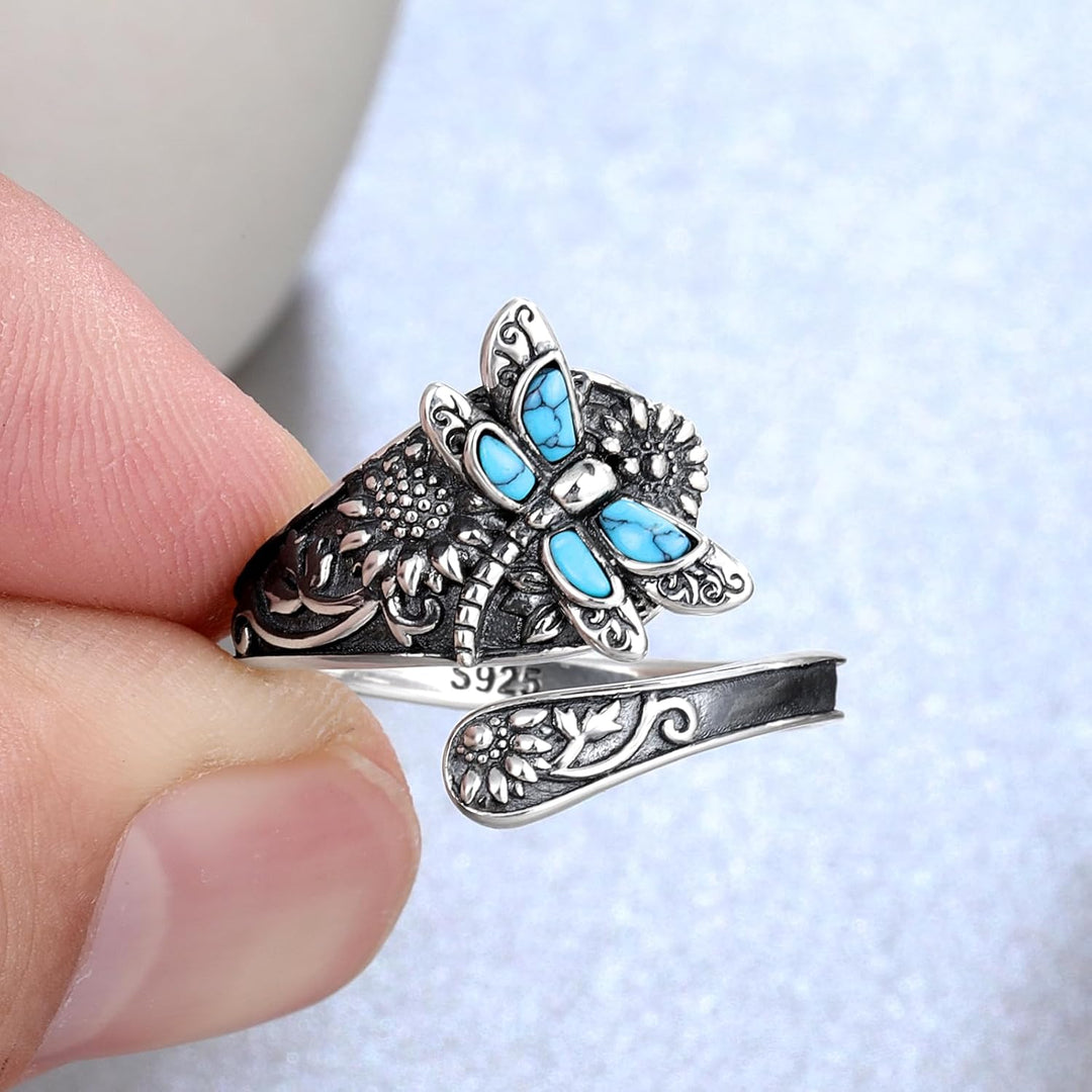 Sterling silver spoon ring with turquoise – Vintage boho ring with dragonfly