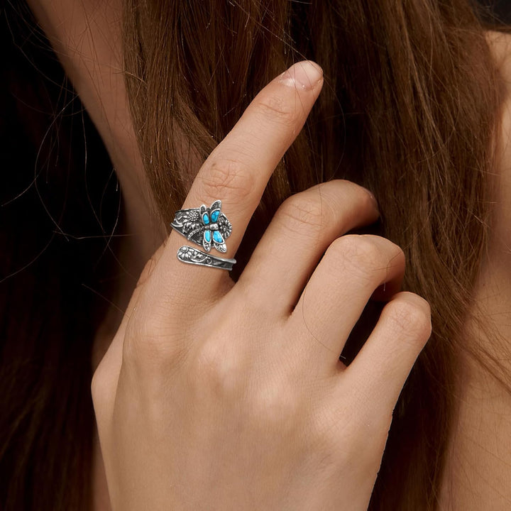 Sterling silver spoon ring with turquoise – Vintage boho ring with dragonfly