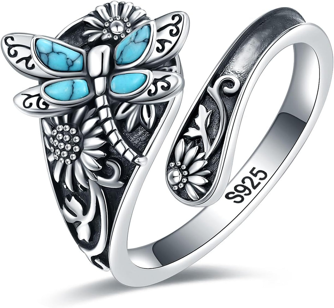 Sterling silver spoon ring with turquoise – Vintage boho ring with dragonfly
