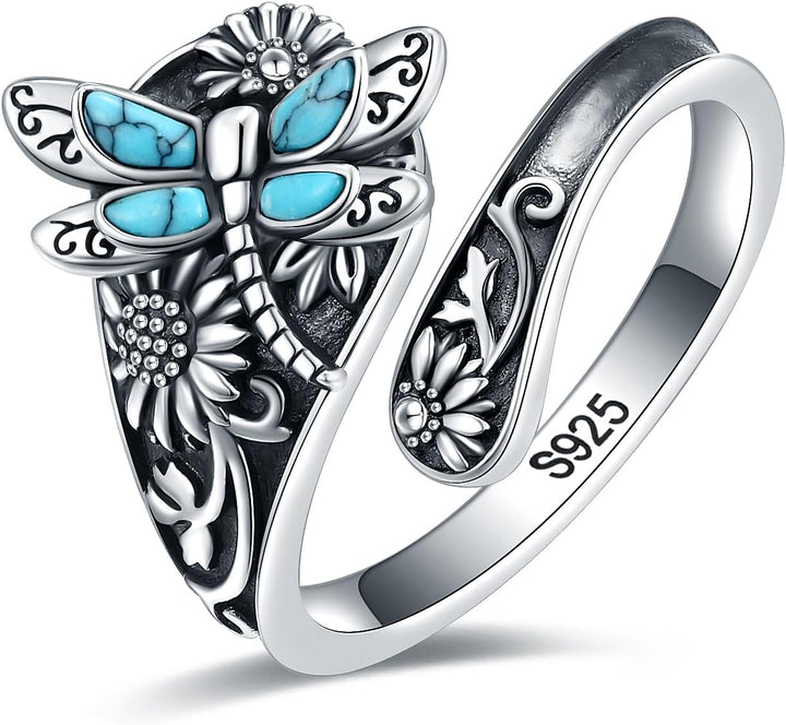 Sterling silver spoon ring with turquoise – Vintage boho ring with dragonfly