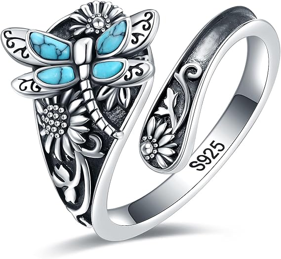 Sterling silver spoon ring with turquoise – Vintage boho ring with dragonfly