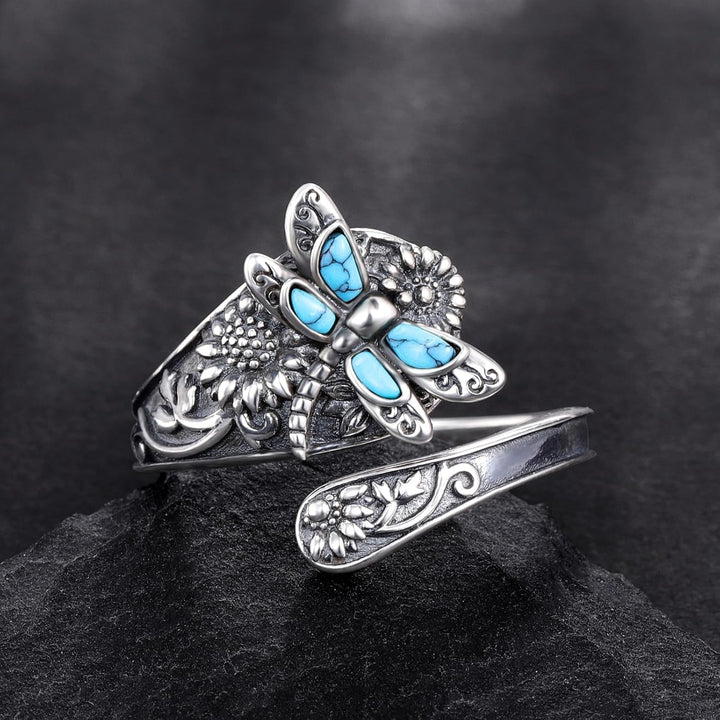Sterling silver spoon ring with turquoise – Vintage boho ring with dragonfly