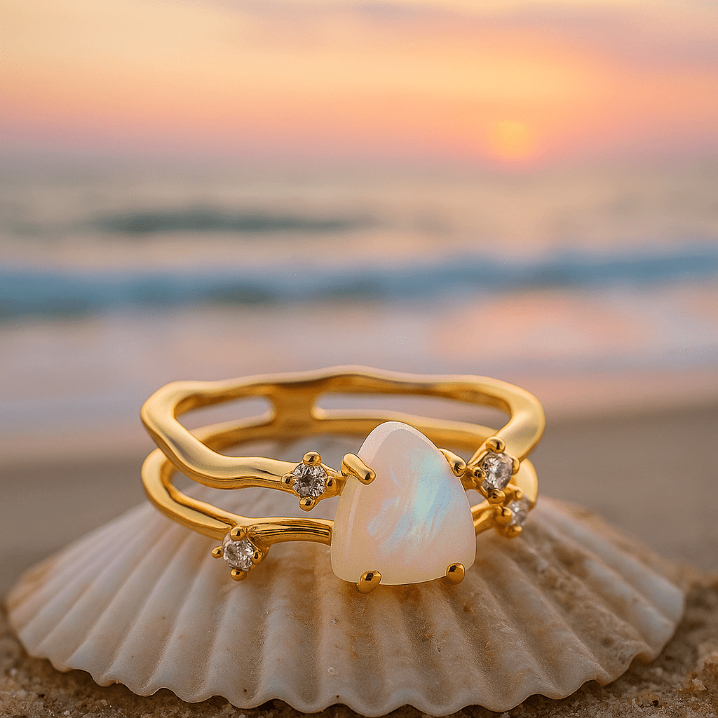 925 stříbrný prsten s měsíčním kamenem a zlatými ozdobami