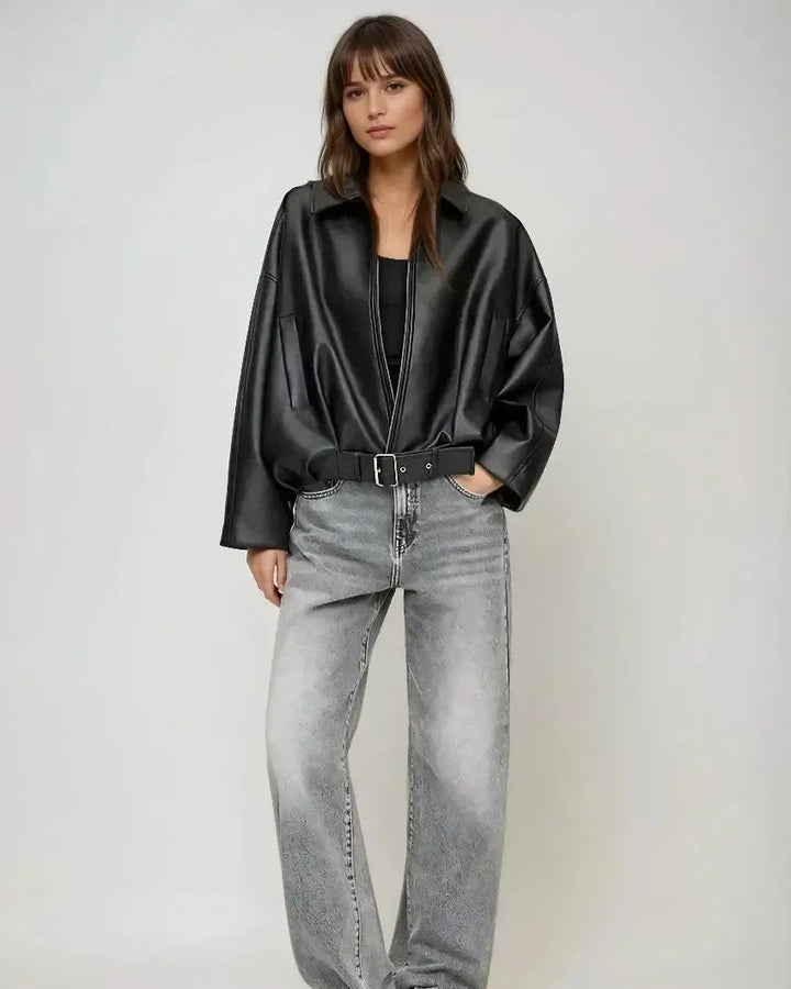 Arvella™ I Wegańska kurtka skórzana z paskiem