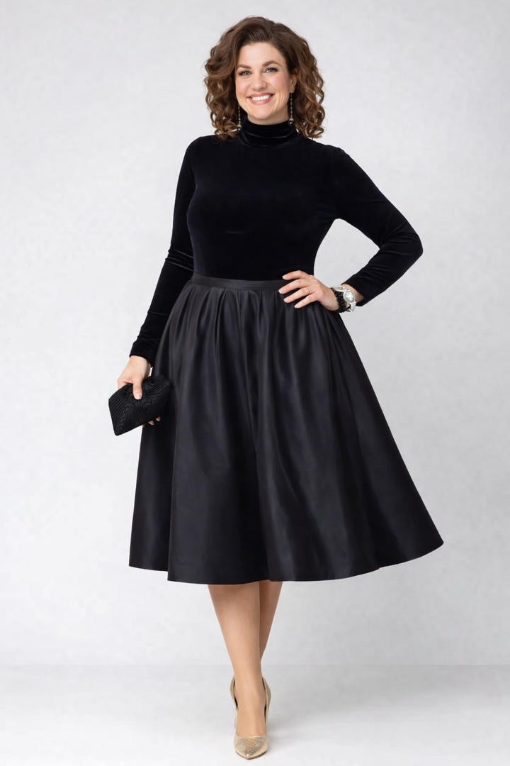 Aradia | Elegant Black Midi Dress with Velvet and Satin