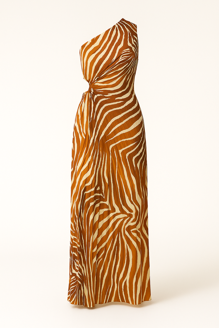 Alva Dress | Pleated One-Shoulder Dress with Zebra Pattern