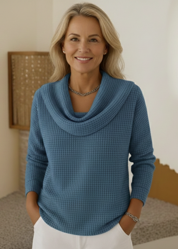 Amber™ – Warm Waffle Sweater with Elegant Waterfall Neckline