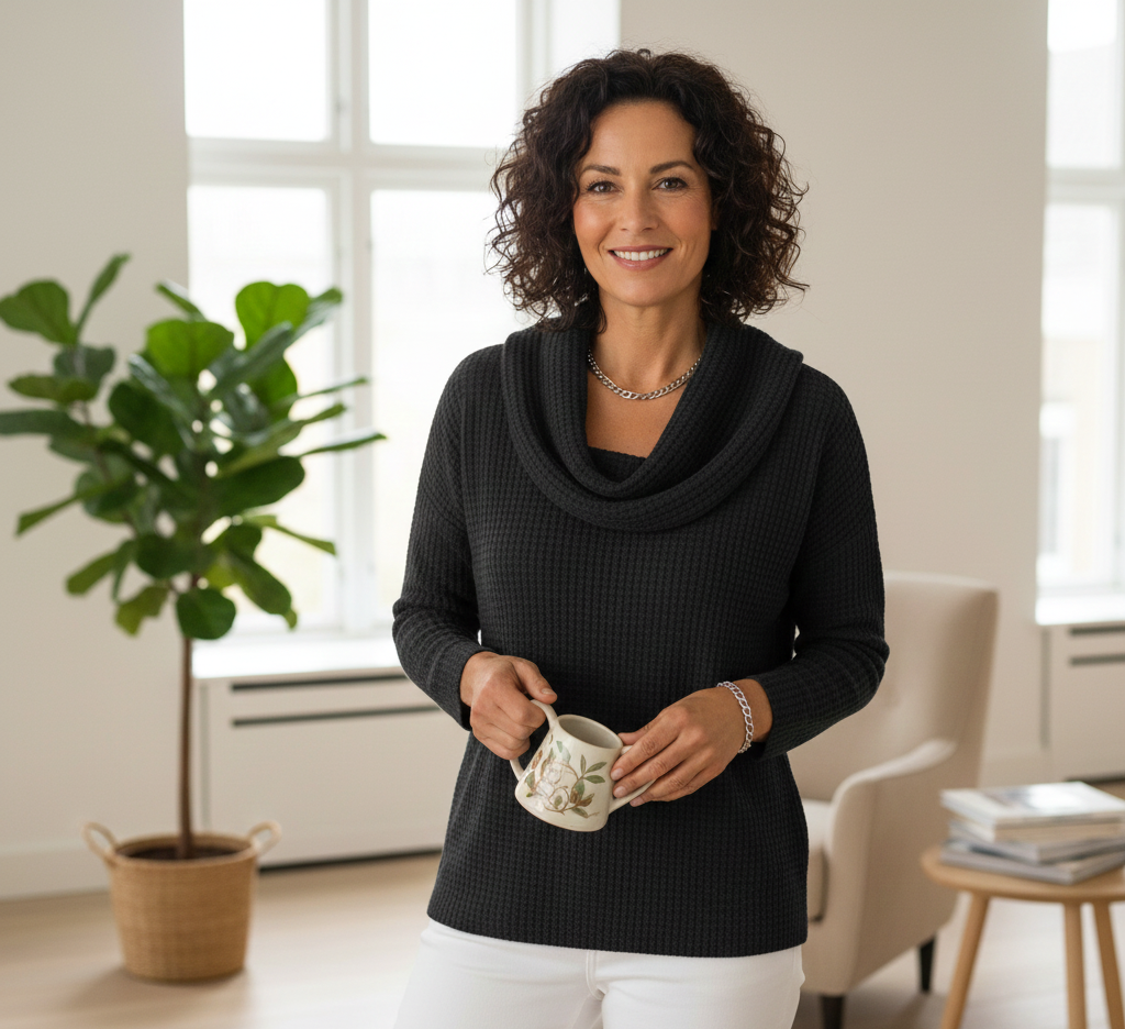 Amber™ – Warm Waffle Sweater with Elegant Waterfall Neckline