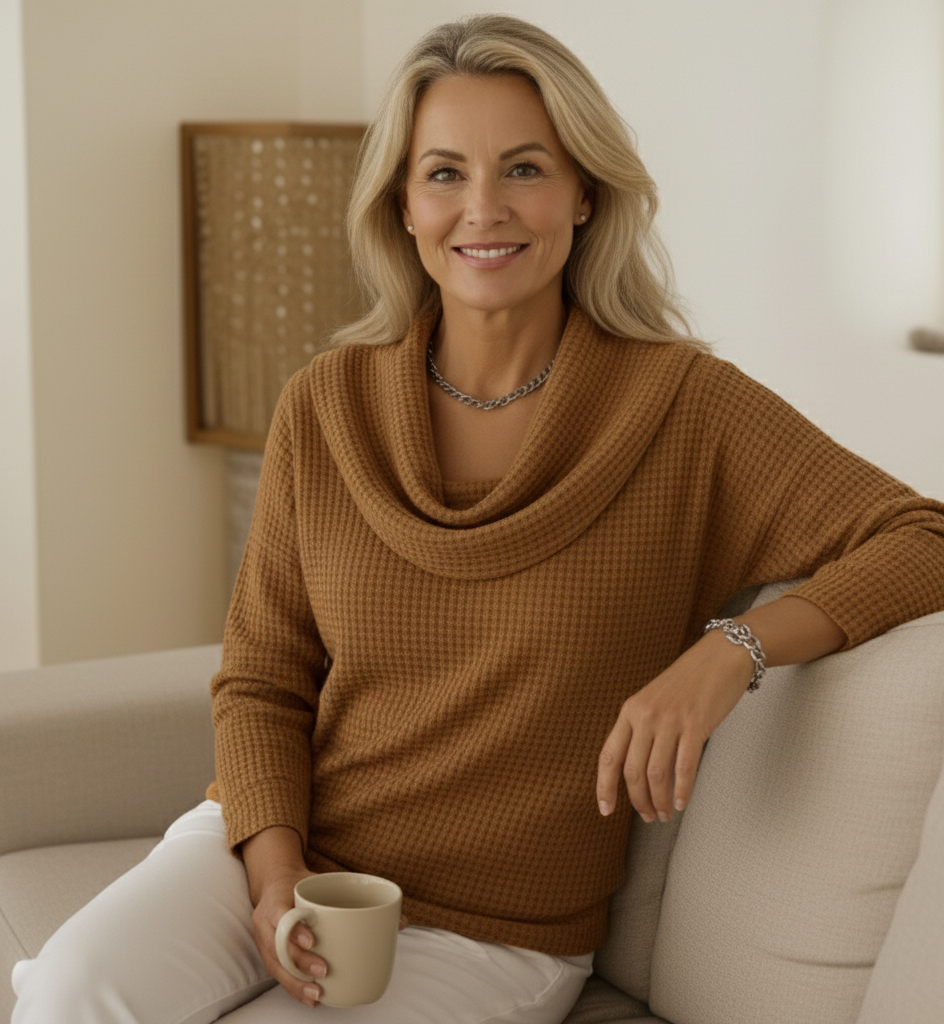 Amber™ – Warm Waffle Sweater with Elegant Waterfall Neckline