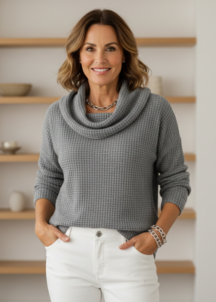 Amber™ – Warm Waffle Sweater with Elegant Waterfall Neckline