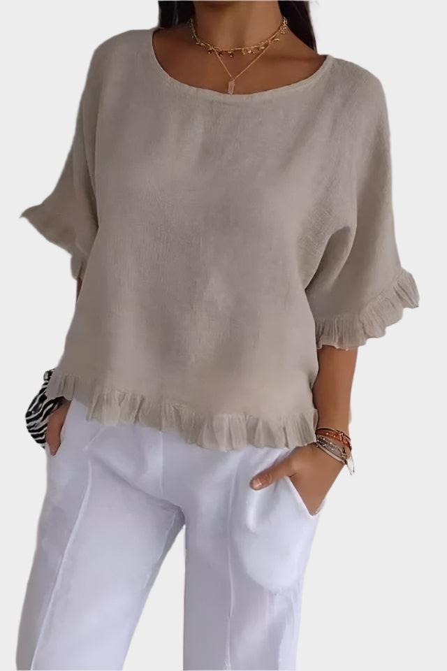 Delicate linen top with ruffles and gathering