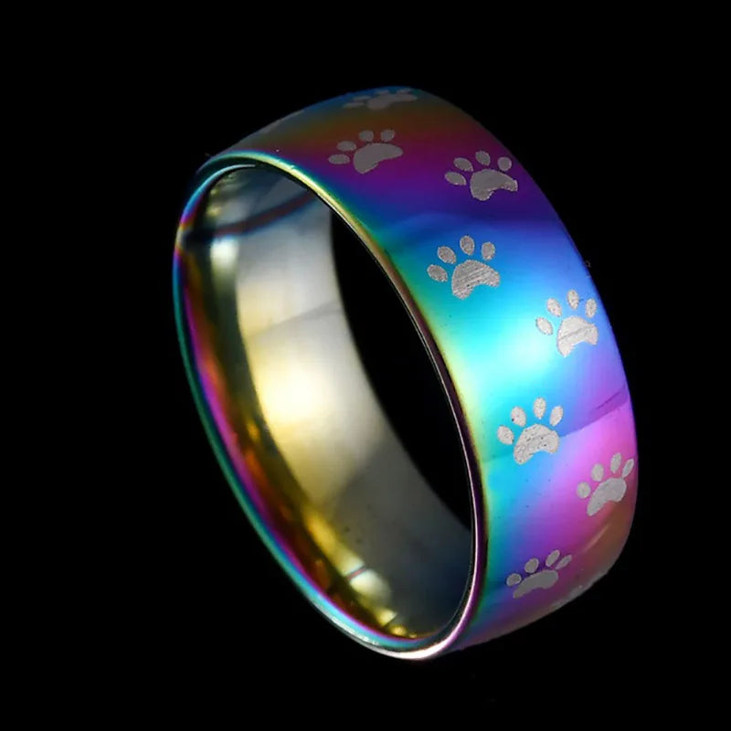 Rainbow handmade stainless steel paw print ring
