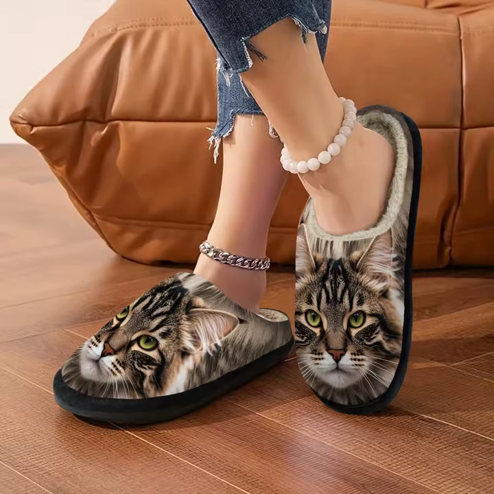 Wygodne Kapcie Ocieplane z Kocim Wzorem 3D | Grube Podeszwy do Użytku Wewnątrz i Na Zewnątrz