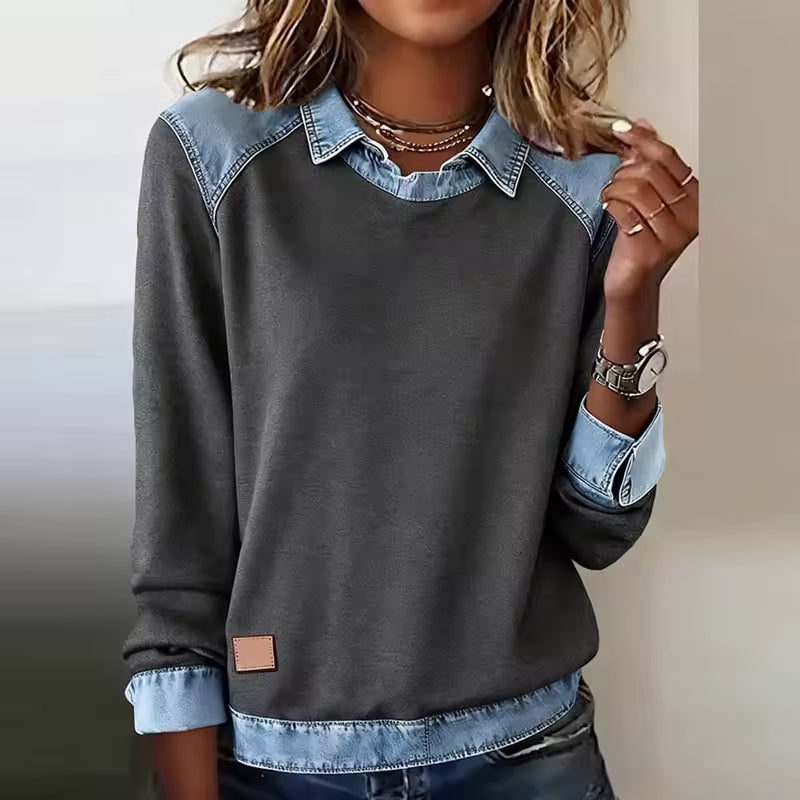 Sweter polo z detalami denim