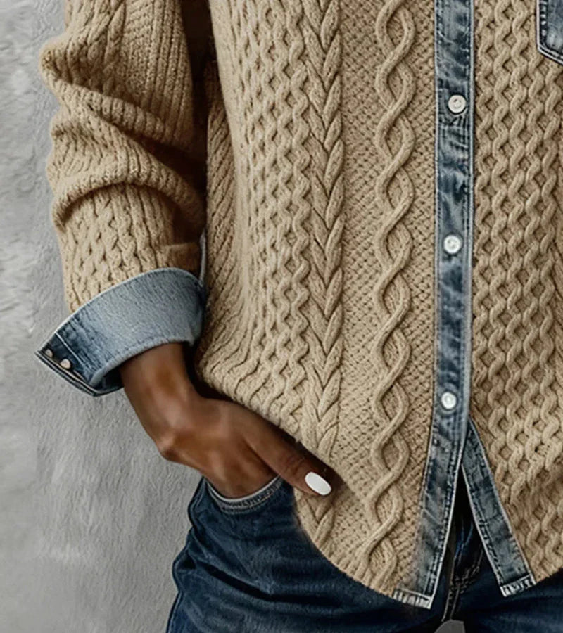 Ambra | Top z Dzianiny w Stylu Patchwork z Denimowymi Dodatkami