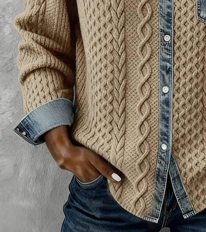 Ambra | Top z Dzianiny w Stylu Patchwork z Denimowymi Dodatkami